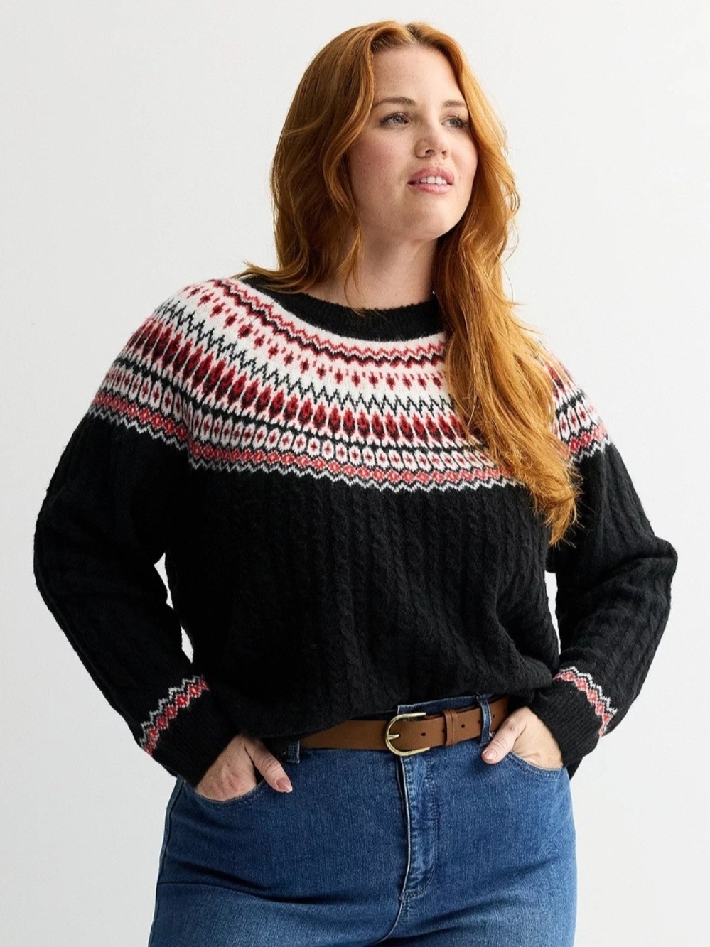 croft & barrow Black Fair Isle Crewneck Sweater with Red and White Yoke
